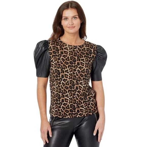 MICHAEL Michael Kors Tops - Michael Kors Leopard Print Faux Leather Sleeves Size XS